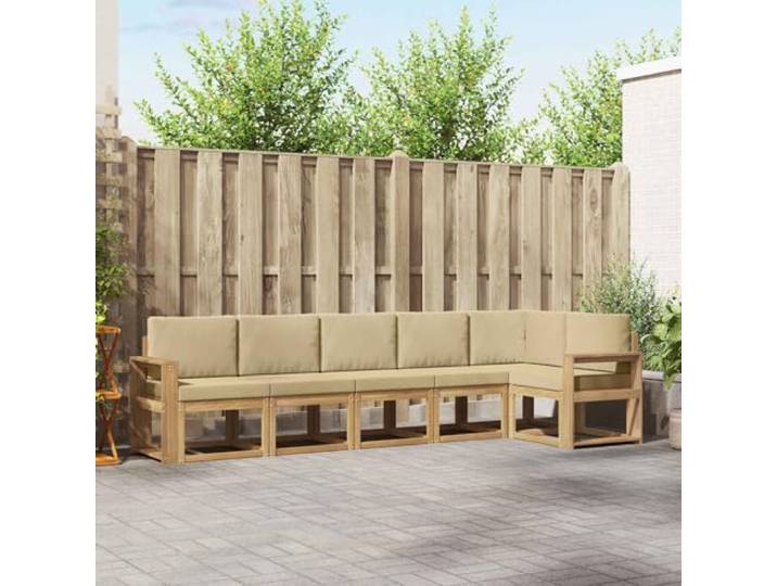RJPLMFV Ecksofa für den Außenbereich, 6 Stück, Weiß / Beige Massives Akazienholz, modulares Design, Rückenlehne mit Latten, ganzjährig verwendbar