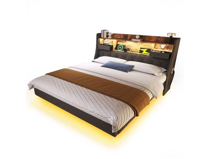 Lit double suspendu 140x190 cm avec LED tête de lit avec rangement et plusieurs ports USB coloris gris