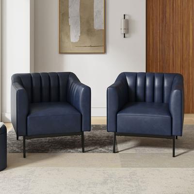 HULALA HOME Alfons Industrial Leather Chair with Channel Tufting and Metal Leg Set of 2