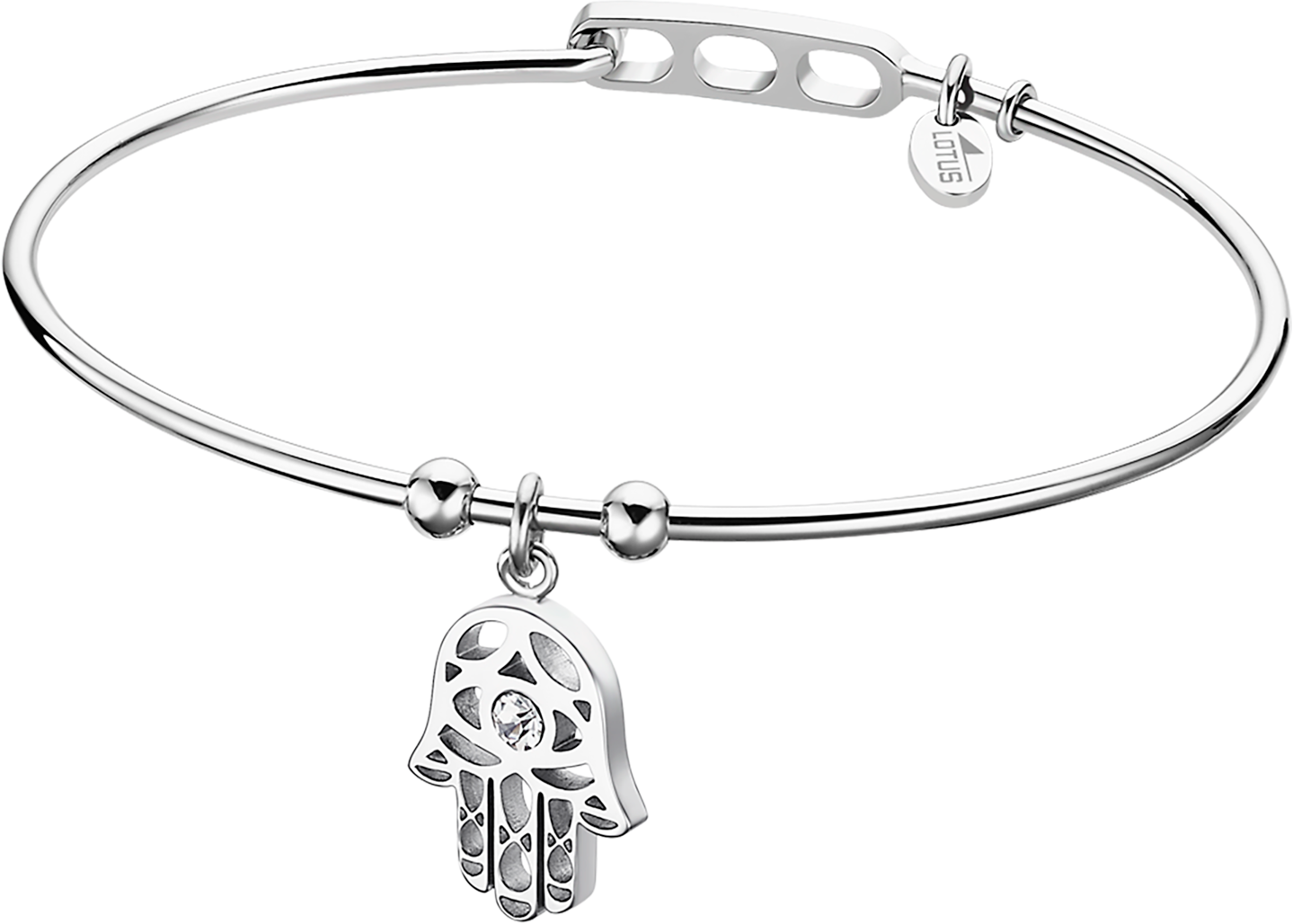 Armreif LOTUS "Urband Woman - Hamsa Fatima's Hand", edelstahlfarben, kristallweiß, kristallweiß, Armbänder, Damen, Edelstahl, Armreif, mit Glasstein