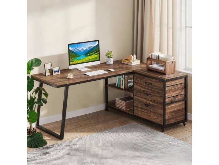TOPESCT Bureau d'ordinateur en forme de L avec 3 tiroirs 135 cm Bureau d'angle Réversible Bureau Gaming en Forme L Marron rustique