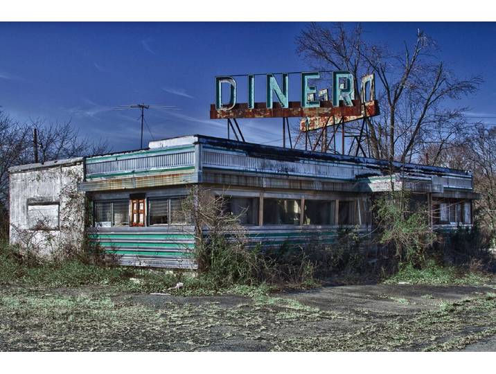 Fototapete PAPERMOON VINTAGE DINER-ROUTE 66 VERLASSENER ORT RETRO AMERIKA , bunt, B:2,5m L:1,86m, Vlies, Tapeten, Fototapete