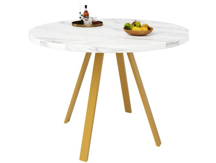 Okwish Esstisch 80/80/75 cm Weiß Gold runder Tisch aus MDF mit Metallbeinen, 80x75x80 cm, Esszimmer, Esstische