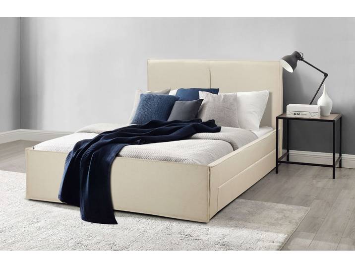 Polsterbett GOODPRODUCT Hamar Cosy, 300 KG belastbar Leinenoptik, gepolstertes Kopfteil , beige, B:150cm H:108cm L:216cm, 100% Polyester, Betten, Polsterbett, stilvoll, optional mit 4 Schubladen, FSC-zertifiziert