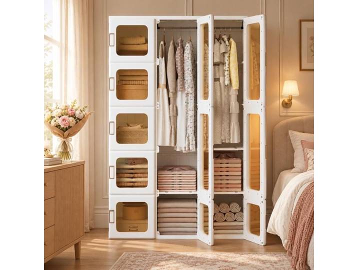 Armoire Chambre 11 Portes Penderie Garde-Robe avec 2 Cintres Placard Chambre Armoire De Rangement Armoire Dressing PET Blanc 170cm