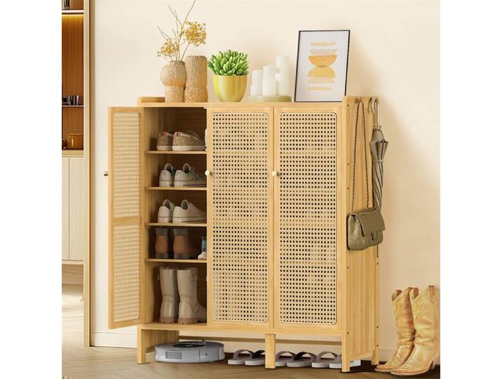 Meuble à chaussures - UNHO - Armoire à chaussures - 3 portes - 5 étagères - Bois naturel