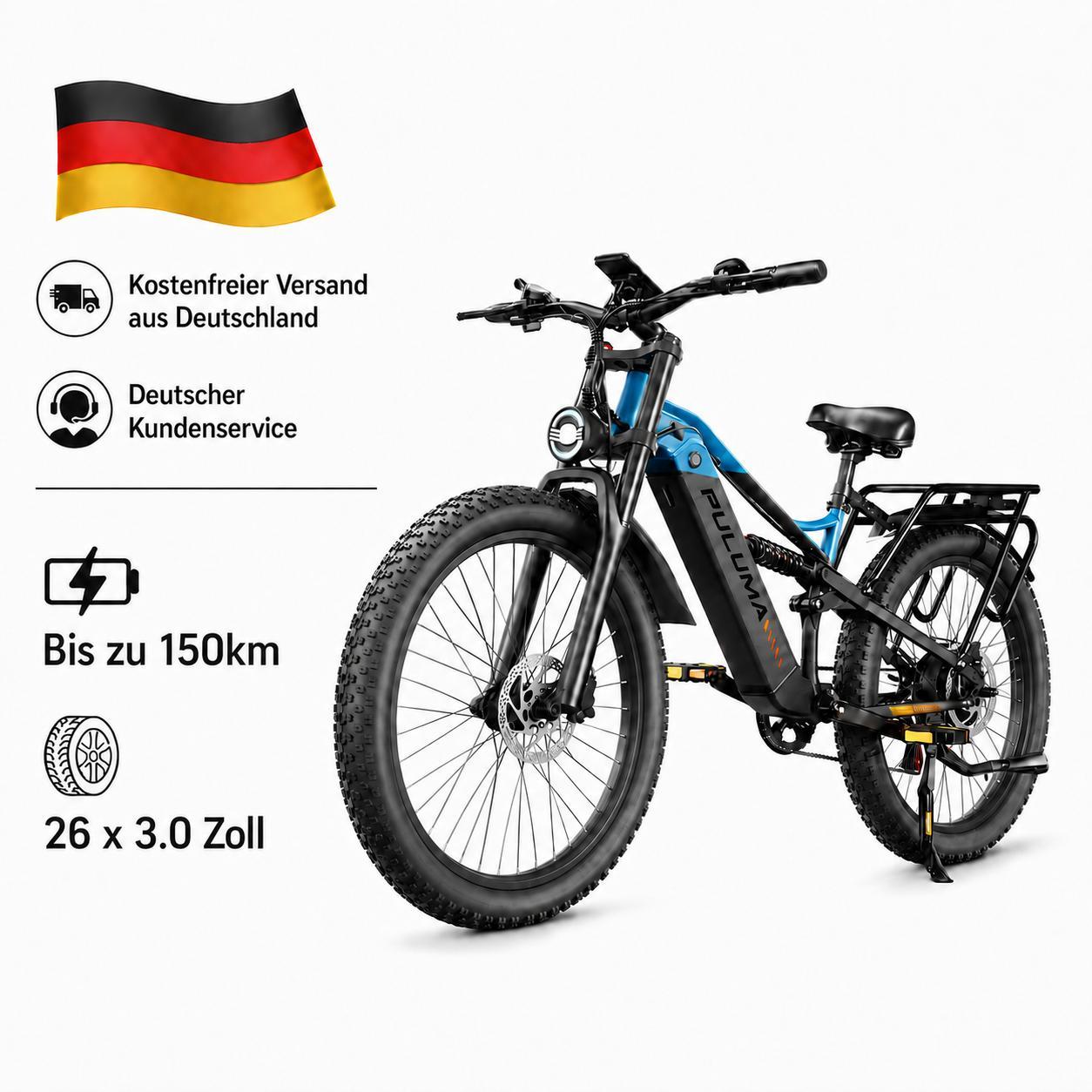 26 Zoll Fatbike PE86 vollgefedertes E-Bike, Shimano 7-Gang, Hydraulikbremse, 20Ah Samsung-Akku bis 25km/h, max. 150kg Traglast