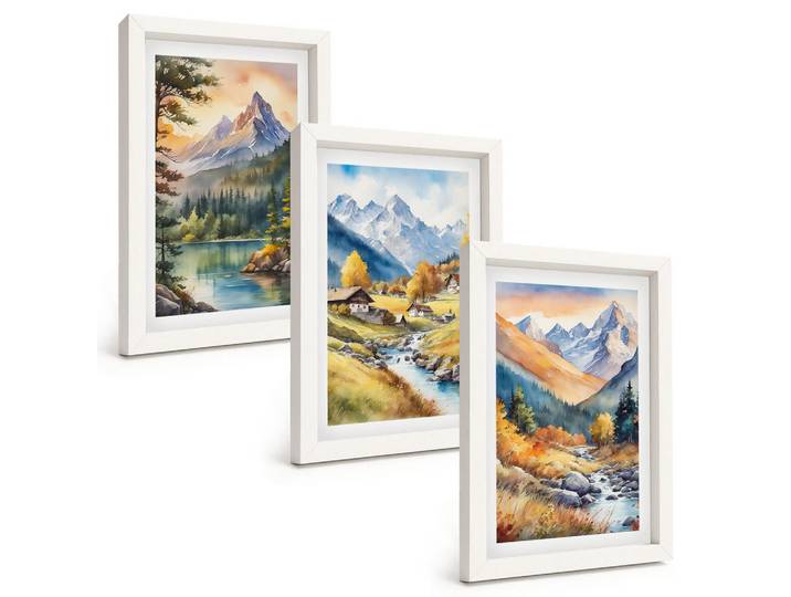 Tulup Bilder SET 3er Set - 20x30 cm Weißer Rahmen - Berglandschaft mit einem Fluss, Kunststoff, Rechteckig, 20x30 cm, gerahmt, Bilder & Rahmen, Bilder