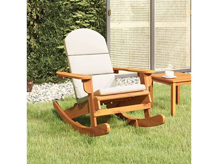 HEFZGDB Adirondack Schaukelstuhl aus massivem Akazienholz mit Rücken- und Sitzkissen für Garten, Terrasse und Balkon – Robuster Holzschaukelstuhl mit hoher Rückenlehne und bequemen