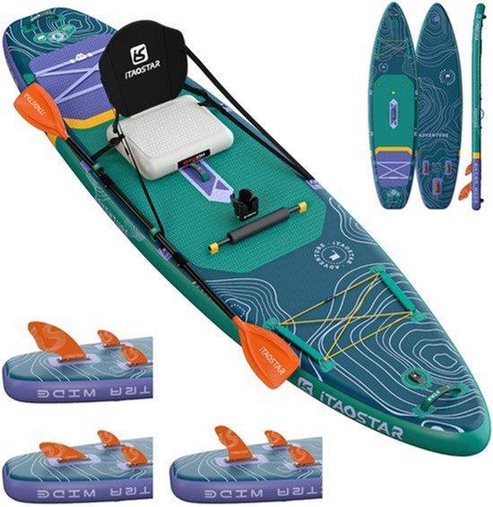 Aufblasbares SUP-Board - Abenteuer-Modell - Extra breit, 366 cm lang - 6 Zoll Dicke - PVC-EVA-Material - Dunkelgrün - Stand-Up-Paddleboard