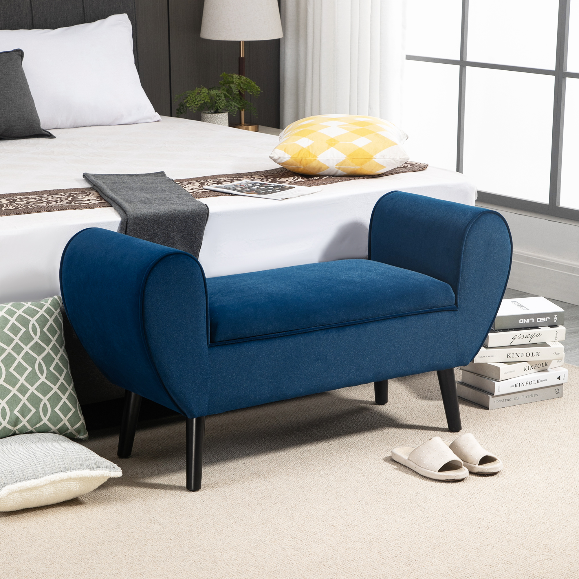 Homcom Panca Contenitore Imbottita per Camera da Letto e Ingresso, Panca Fondo Letto in Tessuto Vellutato con Braccioli, 118x42x66cm, Blu Aosom