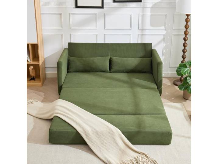 Canapé convertible 2 places - SOGEU - Bodensofa-Bett 2-sitzer - Tissu côtelé vert - 2-en-1 pliable - 2 coussins lombaires