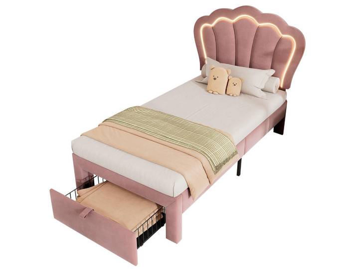 Flora Grace Polsterbett 90/200 cm in Rosa mit LED und Schublade, 90x200 cm, Schlafzimmer, Betten, Polsterbetten