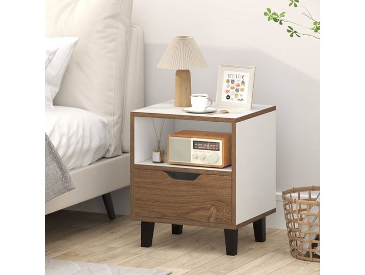 Table de Chevet - RELAX4LIFE - 1 Tiroir - Compartiment Ouvert - Pieds Métalliques - Table de Nuit Stable - Charge 50KG - Naturel