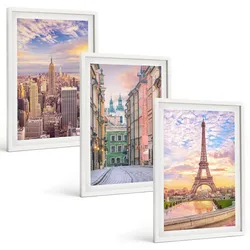 BILDER SET 3er Set - 40x60 cm Weißer Rahmen - Städte New York Paris Dämmerung