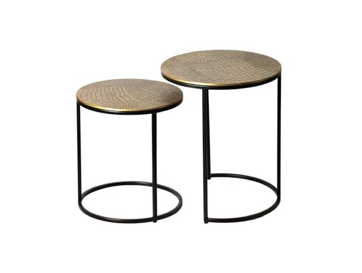 WOHNLING Beistelltisch 2er Set Rund Aluminium Gold Gemustert Satztische mit dekorativen Tischplatten, Anstelltische harmonisch, Couchtische, handgefertigtes Unikat