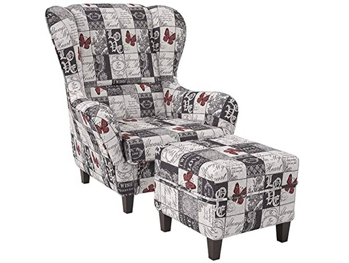 Supellex Ohrensessel »Sofia«, Design Patchwork, Schriftzüge, Liebe, grau (Design-Nr.: 5094), wahlweise mit Hocker