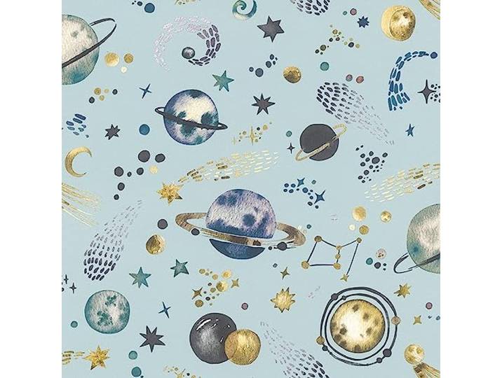 Rasch Tapete 300949 - Hellblaue Vliestapete mit Weltall-Motiv und Planeten; Kinderzimmer-Tapete - 10,05m x 0,53m (LxB)