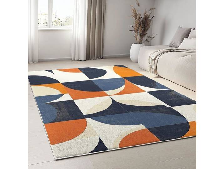 Tapis Salon et Chambre Motif Géométrie Vintage Cercles Bleu et Orange 60 x 110 cm Poils Courts et Denses Lavable en Machine