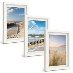 BILDER SET 3er Set - 20x30 cm Weißer Rahmen - Strand, Sand, Wellen, Himmel, Vögel