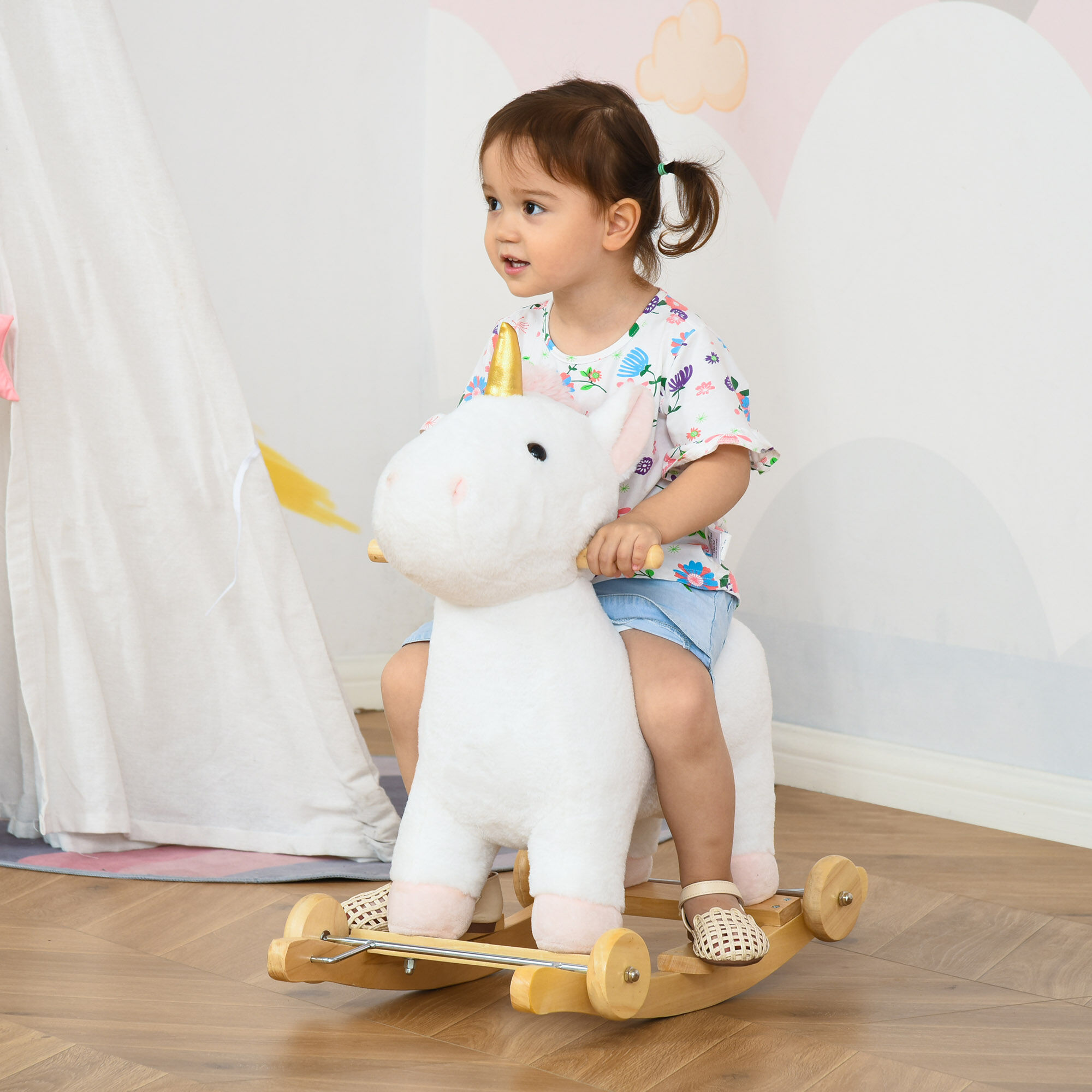 Altro Cavallo A Dondolo Per Bambini A Unicorno Con Base Curva E Ruote, Cavallo A Dondolo 2 In 1 Con Suoni Integrati E Rivestimento Peluche, Per Bambini 3-6