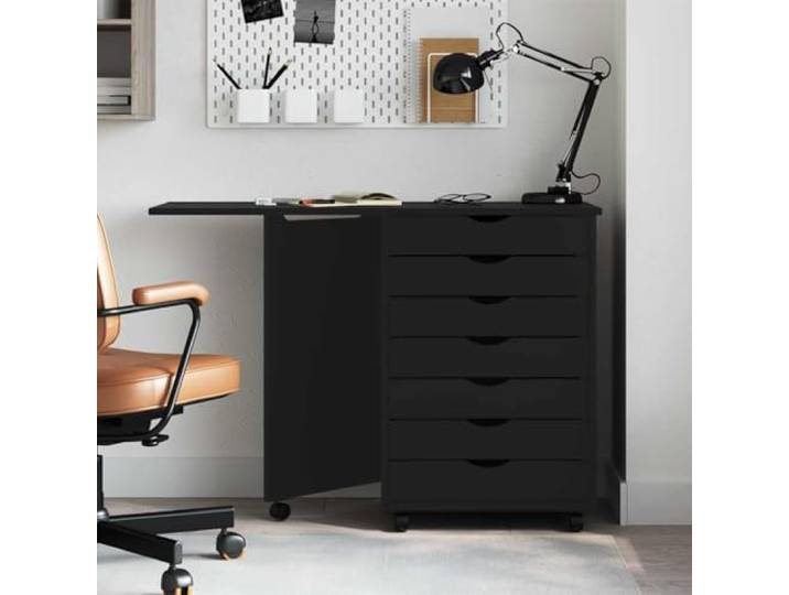 Drehbarer Schrank mit Klappschreibtisch, 7 Schubladen, Schwarz, Holz Flexible Räder, konkaver Griff, inklusive Wandbefestigung, vielseitig einsetzbar, Holz u