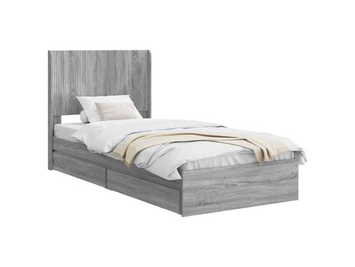 PUGYNBK Bettgestell mit Stauraum und Kopfteil Sonoma Grau Robustes Holz, modernes Design, Unterbettfächer und Feuchtreinigung