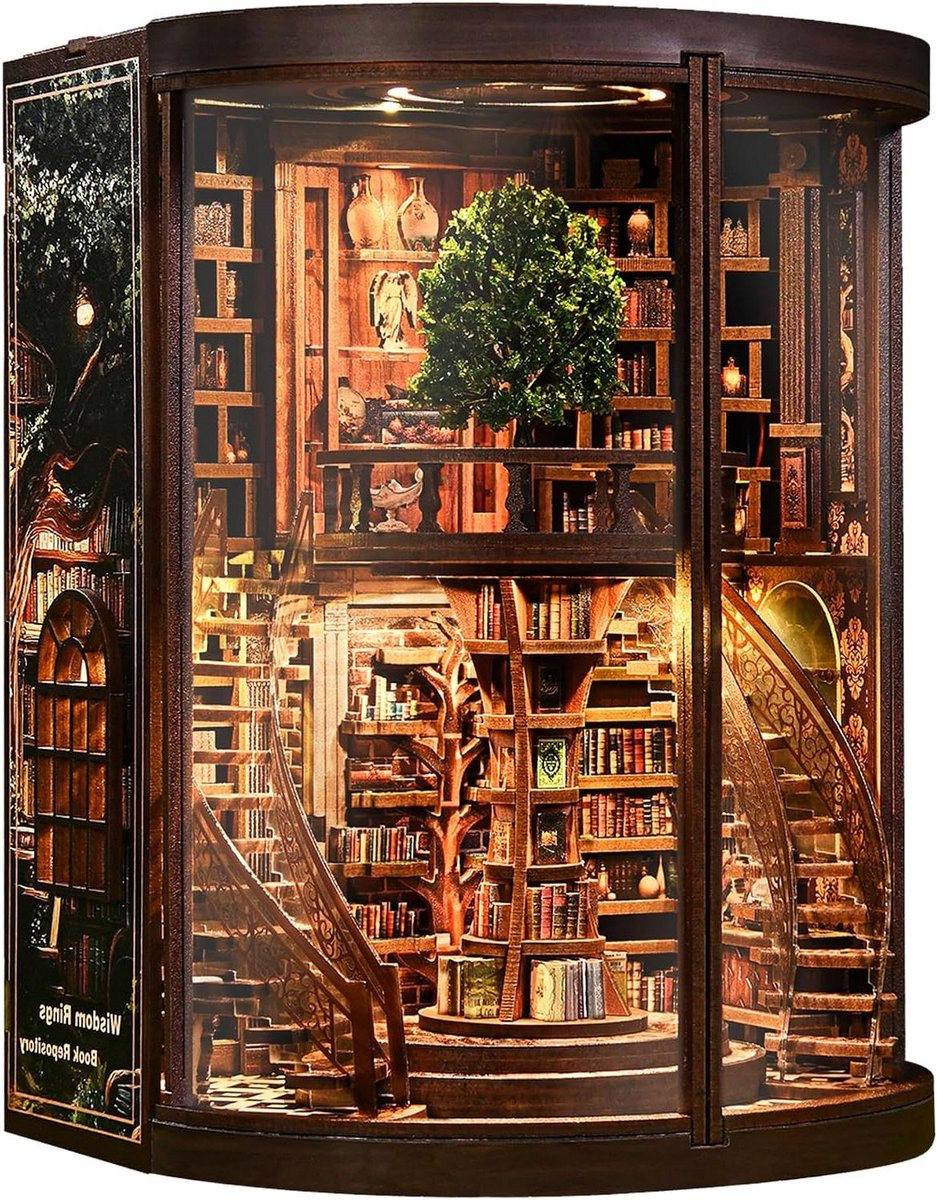 Merkloze Boekenkast Decoratie Miniatuur Wereld met Verlichting - 356 Delen - Houtkleurig