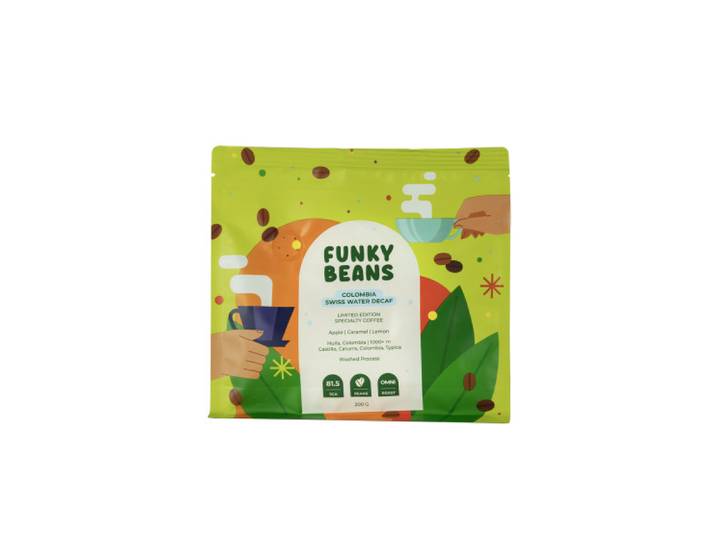 Spezialitätenkaffee Bohnen (Koffeinfrei) Funky Beans Colombia Swiss Water Decaf, 200 g