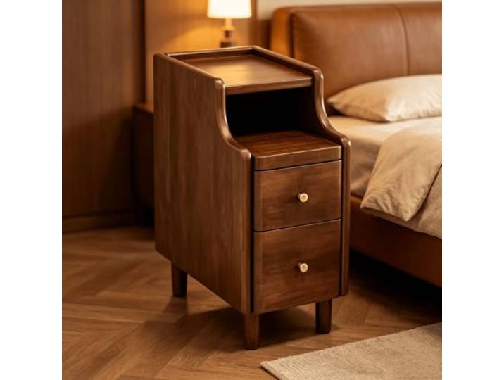 kumamart Schmaler Nachtschrank Massivholz, Nachttisch für Schlafzimmer Massivholz Nachttisch mit 2 Schubladen auf Metallschienen und offenem Regalfach.(Walnut,11.81in)
