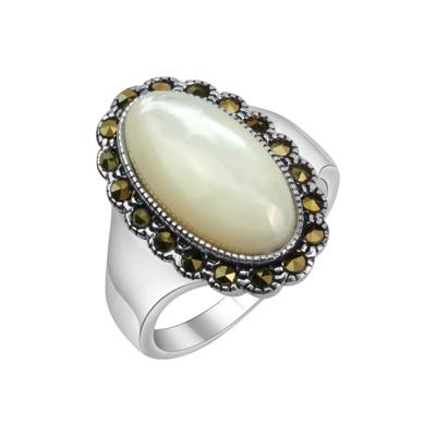 Fingerring ZEEME "Silber 925 oxydiert mit weißem Perlmutt und 18 Markasit-Steinen" Gr. 54, schwarz, Fingerringe, Damen, 054 (17,2), Silber 925 (Sterlingsilber), Fingerring