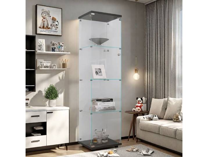 Vitrine en Verre - TANANT - Armoire de Rangement - 1 Porte - 4 Étagères - Noir Brillant