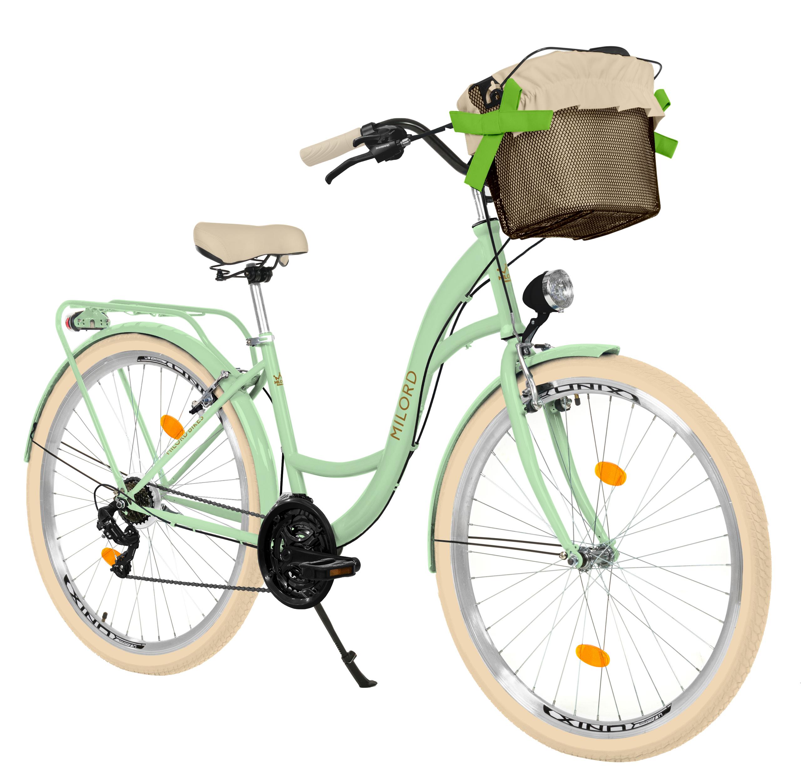 MILORD Damenfahrrad Citybike Komfort Mit Metallkorb Hollandrad Fahrrad, 26 Zoll, 21-Gang, Grün-Creme