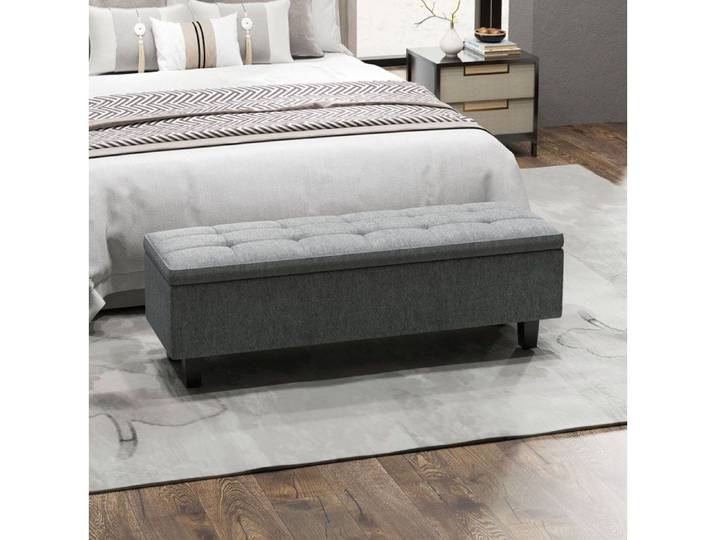 Banquette Coffre Tissu Gris Fonce Banc Capitonne FloraGrace Pour Chambre Entree Salon Rangement Cache 138x40x45cm