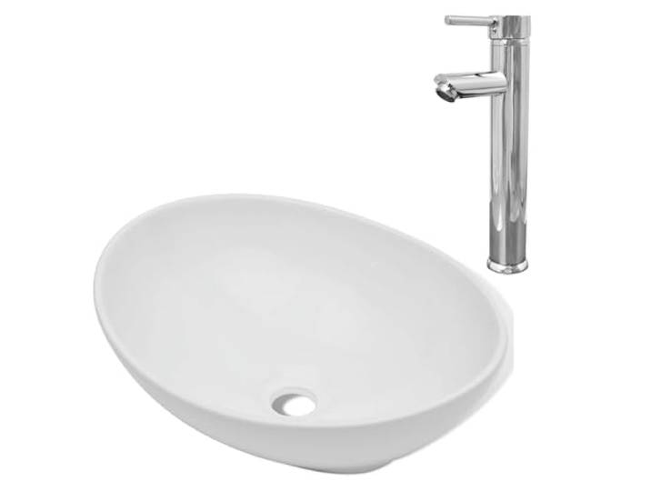vidaXL Lavabo de salle de bain avec mitigeur Céramique Ovale Blanc