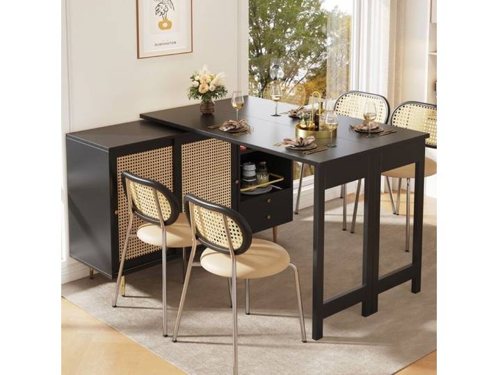 Buffet bas rotatif 360° extensible noir en MDF avec portes cannage tiroirs et rangements ouverts