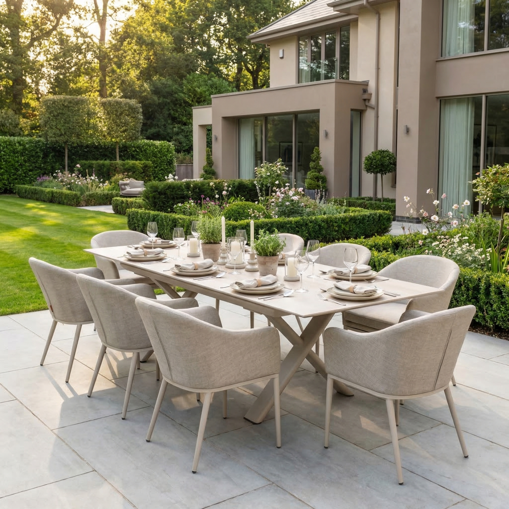 Harbour Lifestyle Luna 8 Seat Outdoor Fabric Dining Set with Albatross Extending Table in Fawn