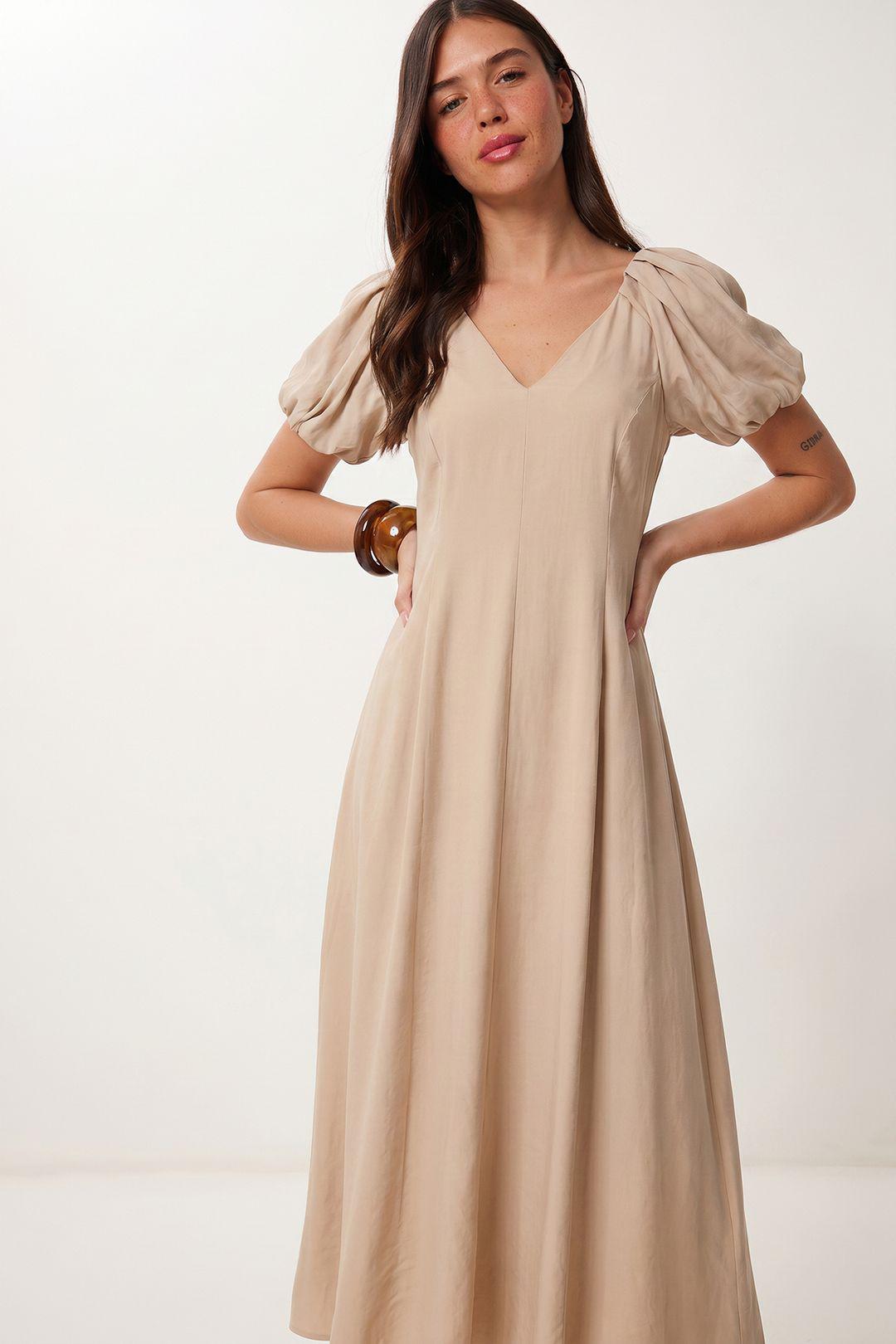 Damen A-Linie Midi Kleid mit V-Ausschnitt