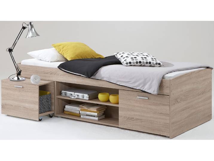 Funktionsbett FMD, braun (struktureichefarben hell), B:95,4cm H:57,5cm L:203,6cm, Daybetten, Funktionsbett, Funktionsbett mit ausziehbarem Nachttisch, Liegefläche 90x200 cm