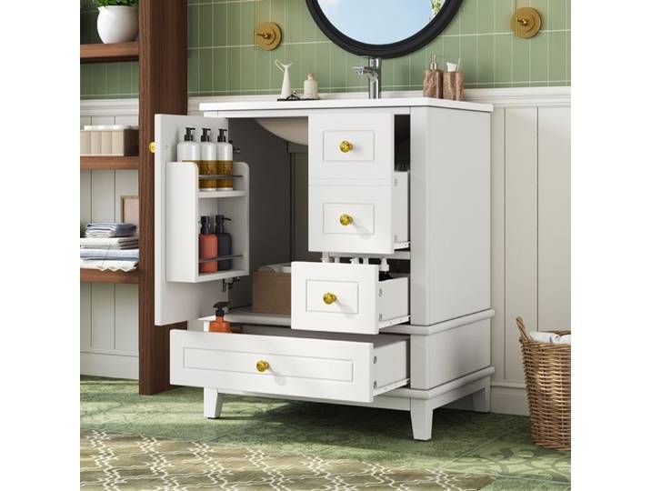 Armoire de Salle de Bains avec lavabo 61x47x86cm Meuble-lavabo avec étagères de Porte 3 tiroirs lavabo en céramique Monobloc Blanc