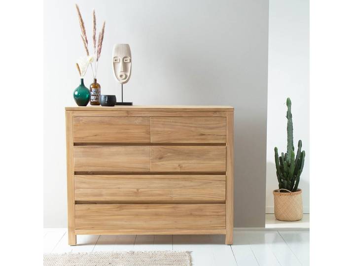 Berah Getah Commode en teck massif 120 cm 5 tiroirs ALDO Bois clair