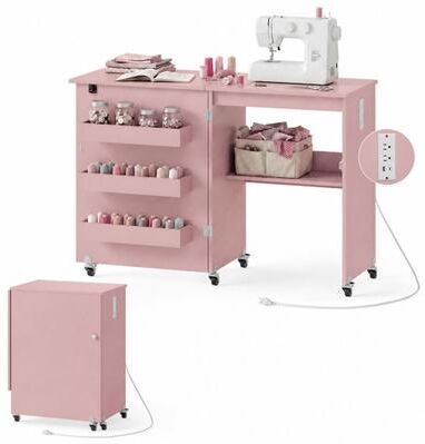 Costway Sewing Machine Table with Charging Station and Lockable Casters-Pink