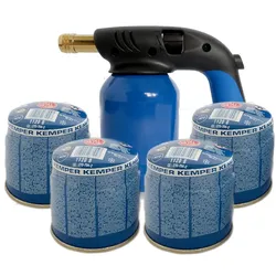 Lötlampe Stahlgehäuse Piezo-Zündung + 4 Gaskartuschen 190gr STOP GAZ Durchstechbar KEMPER