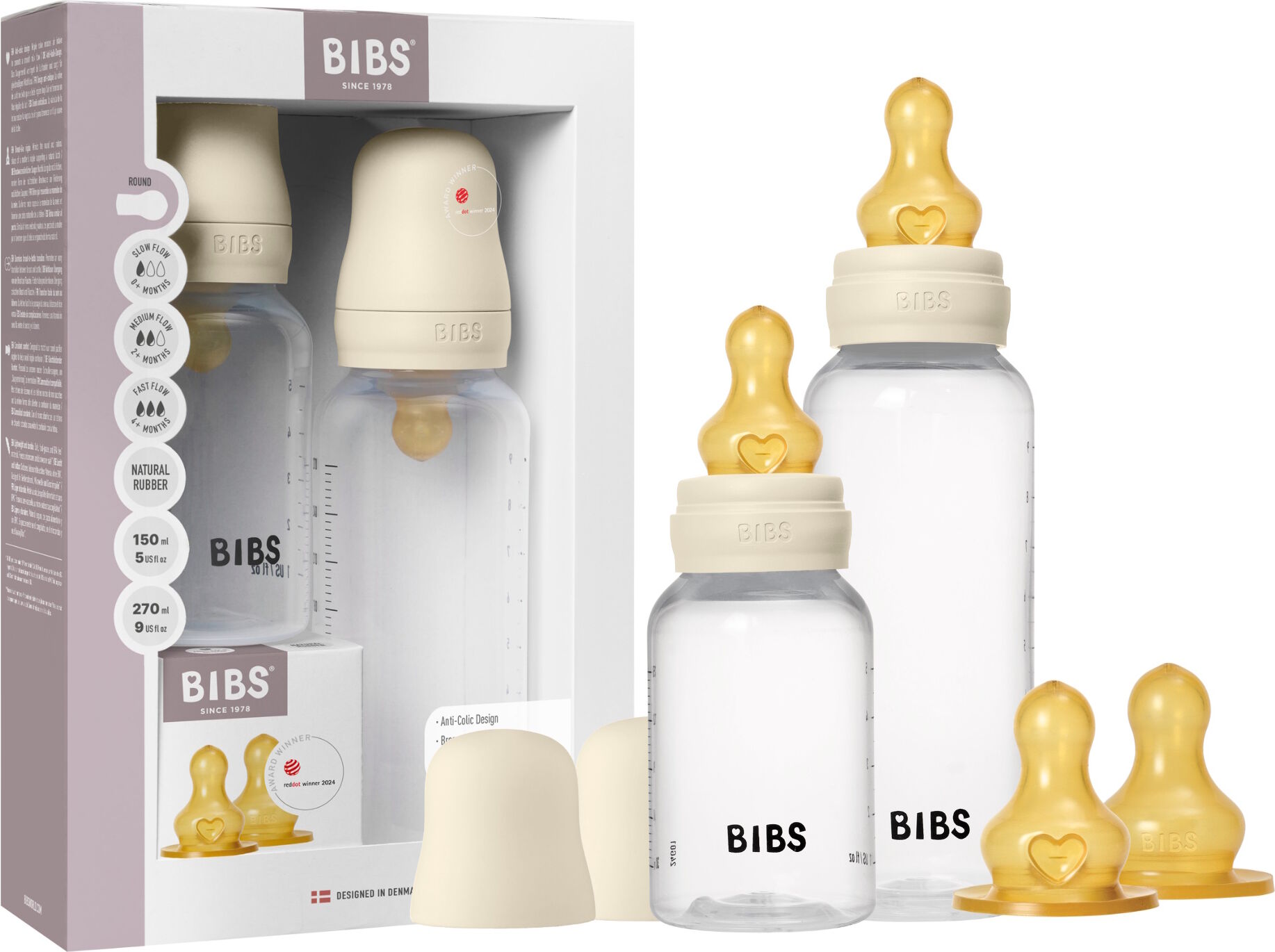 BIBS Grow and Flow Baby Bottle Sæt Naturgummi Ivory 150 ml/270 ml