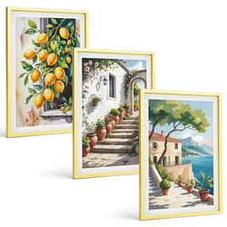 BILDER SET 3er Set - 40x60 cm Goldrahmen - Zitronen, Blumen, Meerblick