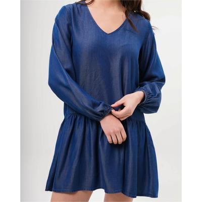 Jerseykleid FRESHLIONS "Bonnie", Damen, Gr. L, EURO-Größen, blau, 100% Baumwolle, normal, V-Ausschnitt, Kleider Jerseykleid, mit verspielten Ballonbündchen