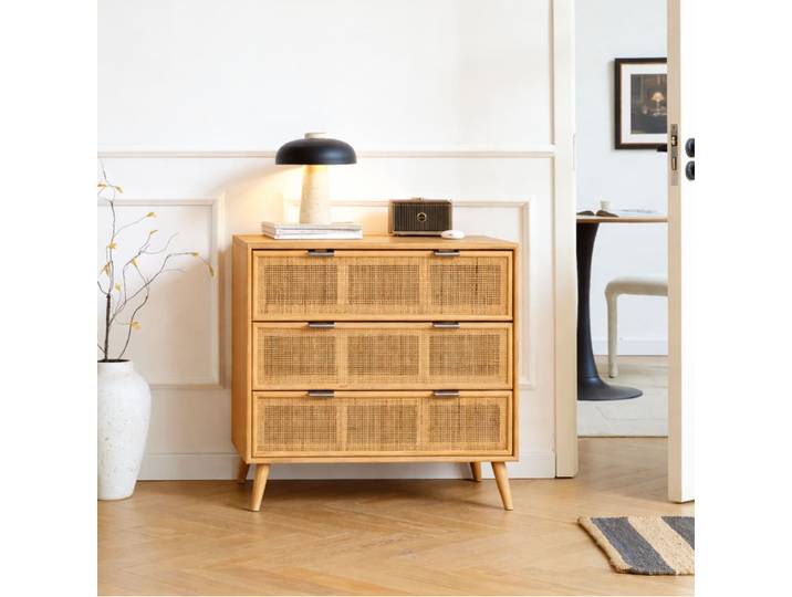Commode 3 tiroirs en bois et rotin naturel
