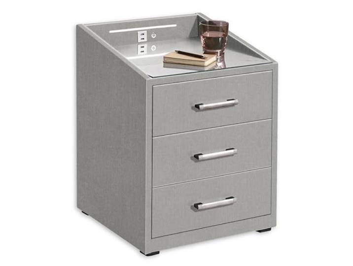 Stella Trading Moon Nachttisch Nachtkommode mit LED Beleuchtung & USB Anschlüsse Graue Stoffoberfläche und Glasplatte 3 Schubladen 47x61x46cm