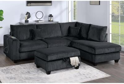Esofastore Transitional Style 3pc Sectional Sofa Built In USB Port Tapered Legs Black Finish