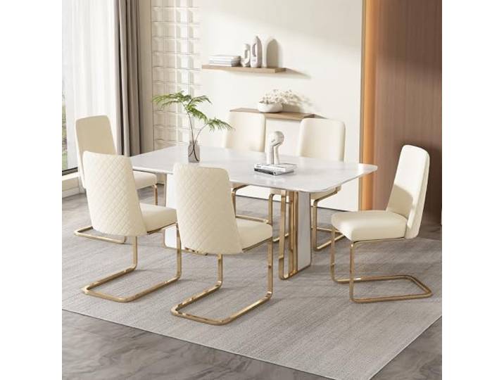 Merax Schwingstuhl 6er-Set, Samt Esszimmerstühle mit Metall-Stützbeinen, bequemer Freischwinger Stühle für Wohnzimmer, Schlafzimmer, Samt, Beige & Gold